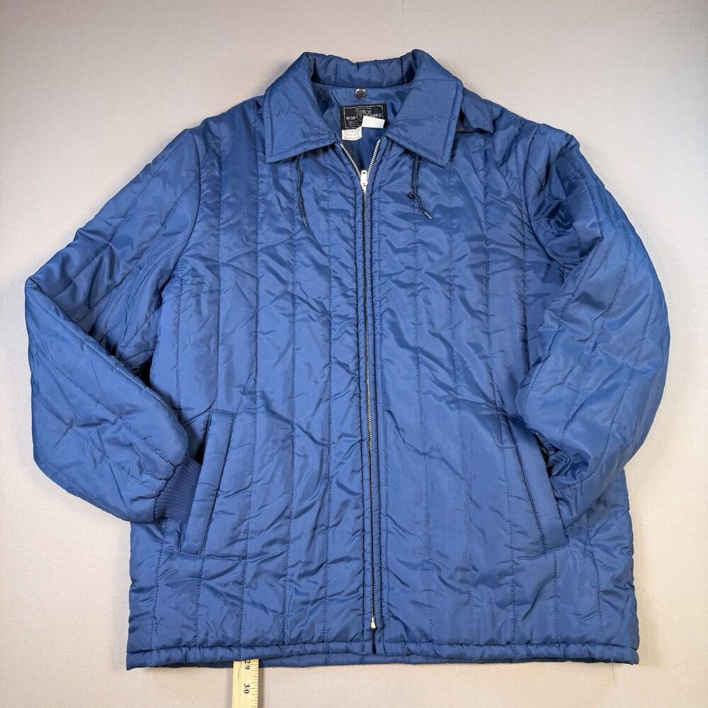 VTG 70s Sears Work'n Leisure Jacket Mens Large Tall Blue Quilted Hidden Hood